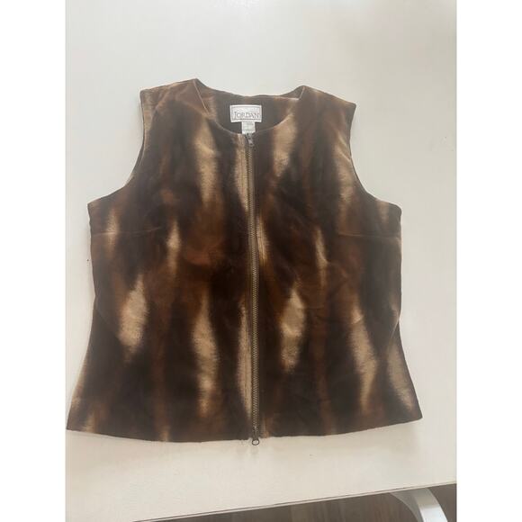Jordan Faux Fur Zip Vest Brown Tan Ombre Animal Print 90s Y2K Cozy Layer large - Picture 2 of 7